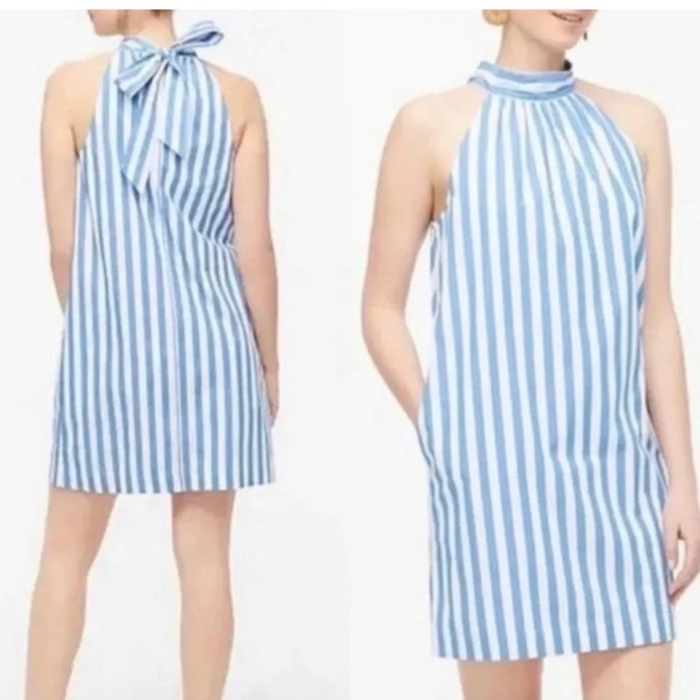 J.Crew Blue Striped Tie Neck Cotton Mini Summer Dress